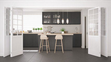 Scandinavian classic kitchen with wooden and gray details, minimalistic interior design