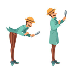 Detective with a magnifying glass investigate. Classic elegant spy in coat and hat, with moustache look in the lens.