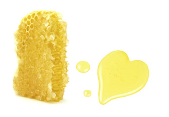 Honeycomb and drops with heart shape isolated on white background