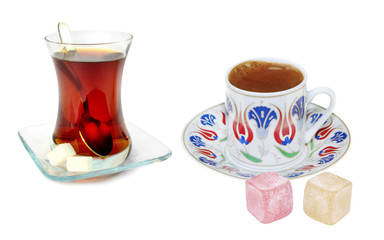 Traditional Turkish coffee, tea and turkish delight  isolated on white background.
