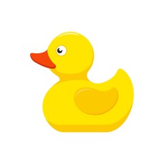 Rubber duck bath toy in flat style isolated on white background. Vector illustration