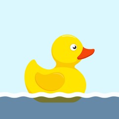 Rubber duck bath toy swimming in the water in flat style isolated on white background. Vector illustration
