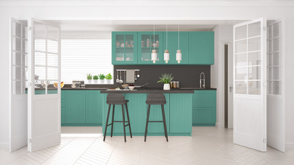 Scandinavian classic kitchen with wooden and turquoise details, minimalistic interior design