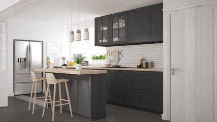 Fototapeta na wymiar Scandinavian classic kitchen with wooden and gray details, minimalistic interior design