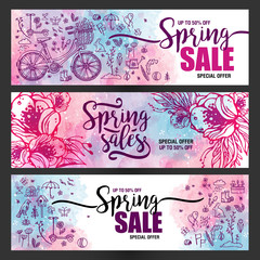set of posters Spring sales, set of icons and symbols with bike on a watercolor background, flowers, flyer templates with lettering. Typography poster, card, banner design element. Vector illustration