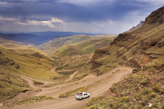 Hairpin turns in the Sani Pass in South Africa