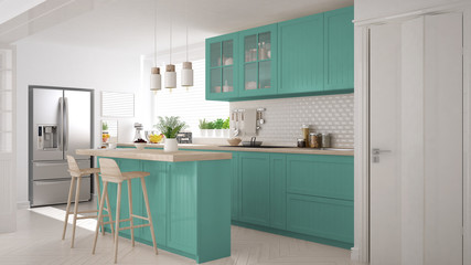 Scandinavian classic kitchen with wooden and turquoise details, minimalistic interior design