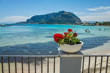 Foto op Plexiglas Red flowers in front of Mondello beach near Palermo, Italy © KURLIN_CAfE
