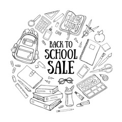 Back to school sale template with school object. Doodle stationary illustration