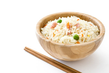 Fried chinese rice with vegetables isolated on white background
