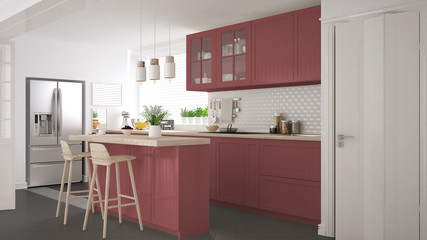 Scandinavian classic kitchen with wooden and red details, minimalistic interior design