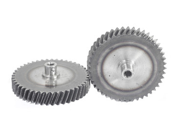 Metal gears on white background.