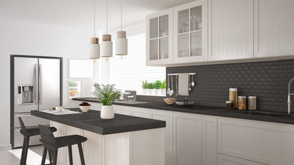 Scandinavian classic kitchen with wooden and white details, minimalistic interior design