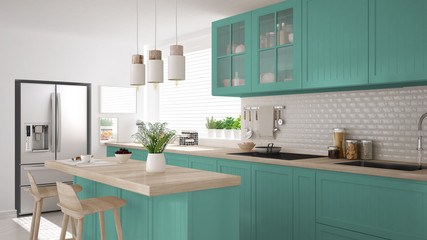 Scandinavian classic kitchen with wooden and turquoise details, minimalistic interior design