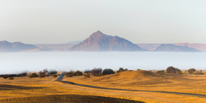 Fog over the tarred road crossing the Namib desert in Sossusvlei, Namib Naukluft National Park, in the misty morning.