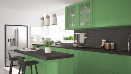 Scandinavian classic kitchen with wooden and green details, minimalistic interior design