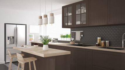 Fototapeta na wymiar Scandinavian classic kitchen with wooden and brown details, minimalistic interior design