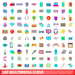 100 multimedia icons set, cartoon style