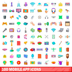 100 mobile app icons set, cartoon style