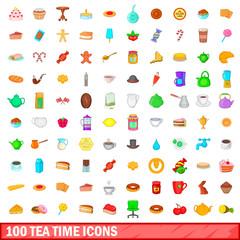 100 tea time icons set, cartoon style