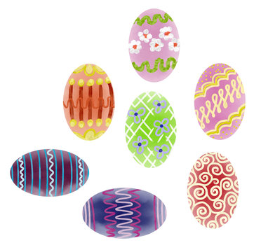 Hand drawn colorful Easter eggs on white background, isolated illustration painted by watercolor and butter