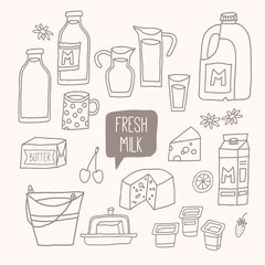 Set of outline food: dairy products - milk, yogurt, cheese, butter, milkshake.