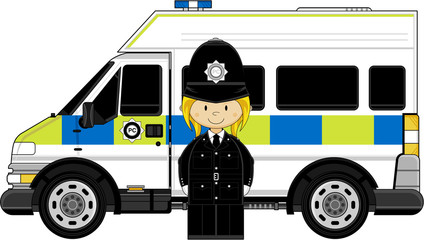 Cartoon Policewoman and Police Van