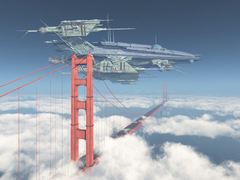 Riesiges Raumschiff über der Golden Gate Bridge in San Francisco