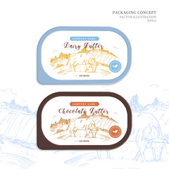 Concept for packaging design for dairy and chocolate butter. Vector template with scene of rustic landscape with cow and meadows in woodcut style.