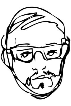 sketch of the face of an adult male with a beard wearing glasses