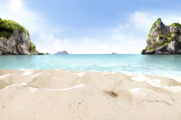 Fototapeta na wymiar summer sand on beach and landscape of sea 
