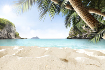 Fototapeta na wymiar summer sand on beach and landscape of sea 
