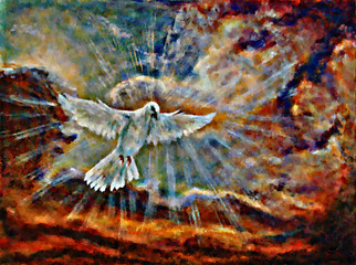 Dove on sky. Painting and graphic design collage.