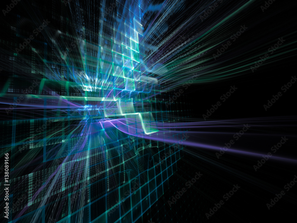 Poster abstract background element. three-dimensional composition of wave shapes, grids and beams. electron