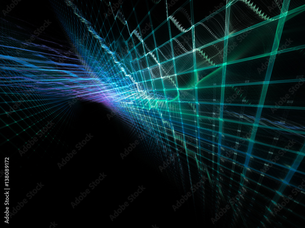 Poster abstract background element. three-dimensional composition of wave shapes, grids and beams. electron