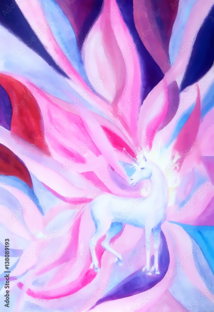 Poster unicorn on abstract background. painting and graphic design.