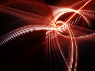Abstract background element. Fractal graphics series. Three-dimensional composition of glowing lines and mosaic halftone effects. Information and energy concept. Red and black colors.