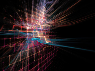 Abstract background element. Three-dimensional composition of wave shapes, grids and beams. Electronics and media concept. Red, blue, orange colors on black.