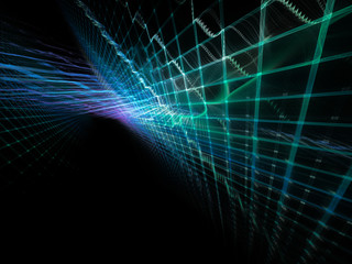 Obraz premium Abstract background element. Three-dimensional composition of wave shapes, grids and beams. Electronics and media concept. Blue and black colors.