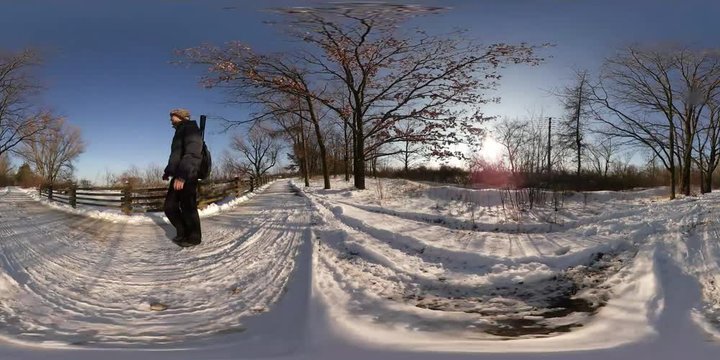 360Vr Video Backpacker Filming Village Rural Winter Landscape Cold Sunny Day Blue Hour Shooting Blue Sky Bare Branch Trees Trampled Snow Covers the Road