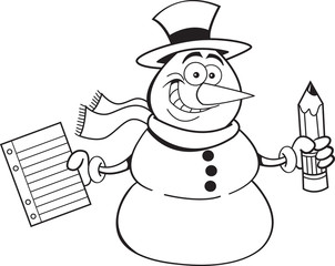 Black and white illustration of a snowman holding a pencil and paper