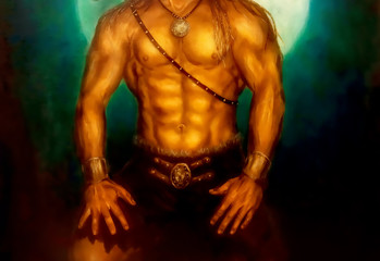 Fototapeta na wymiar Warrior body with jewelry and night mooin in background. Painting and graphic design.