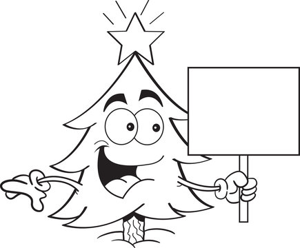 Black and white illustration of a pine tree holding a sign.