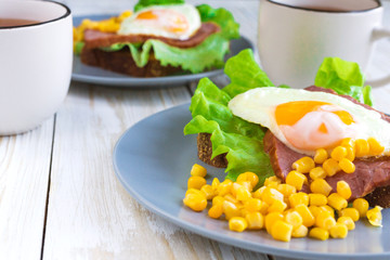 Toast with orange yolk fried egg for breakfast