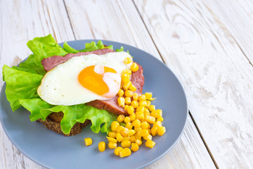 Toast with orange yolk fried egg for breakfast