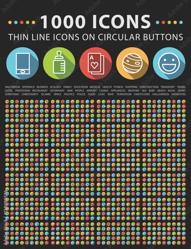 Wall mural set of 1000 elegant universal white minimalistic thin line icons on circular colored buttons on blac