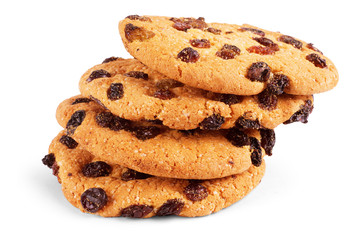Oatmeal cookies with raisin on white background