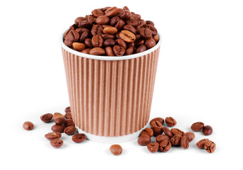 Paper cup of steaming coffee beans on white background