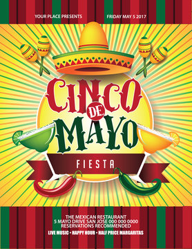Cinco De Mayo poster design. Marketing, advertising or invitation template with copy space for your holiday celebration at a bar, restaurant, nightclub or other venue. EPS 10 vector. 