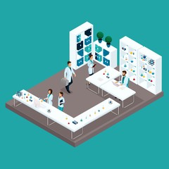 Set Trendy isometric people. Medical staff, hospital, doctor, nurse, surgeon, medical laboratory technician in the room to be tested isolated. Vector illustration